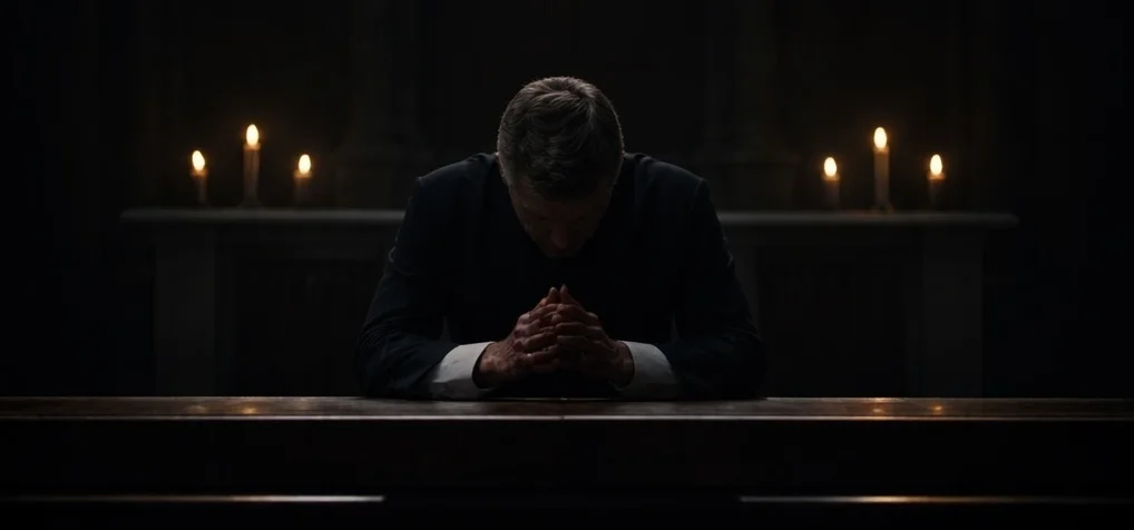 Priest praying at pew with candles
