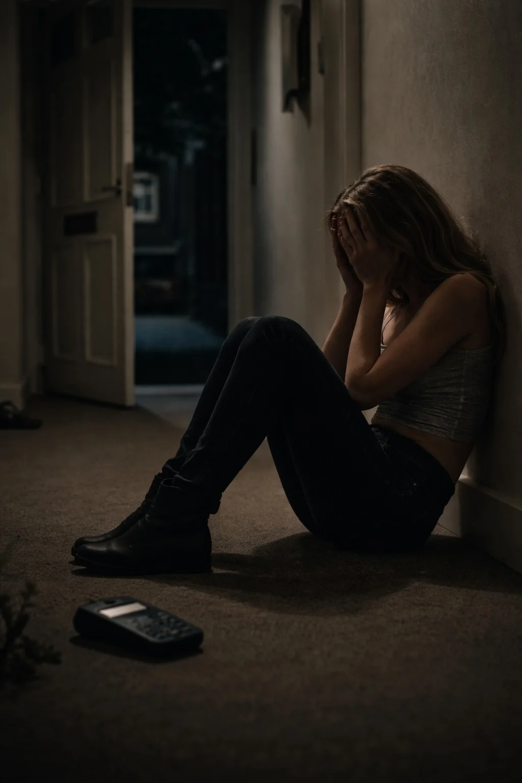 Girl sitting on floor, head in hands